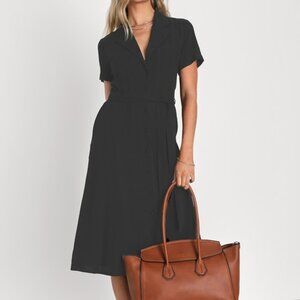 Lulus Sweet Sincerity Black Linen Button-up Midi Dress With Pockets - Size XL